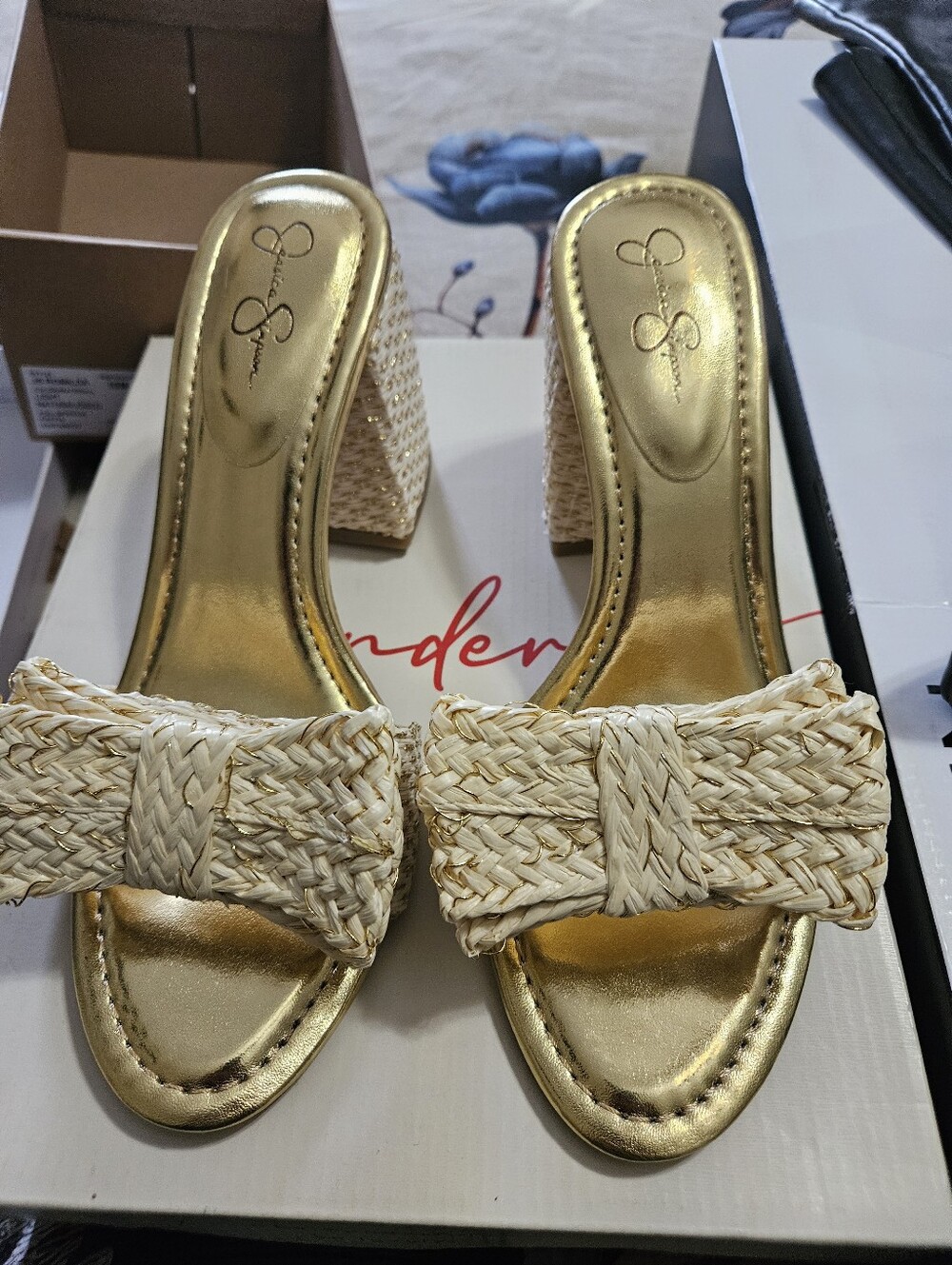 Jessica Simpson Gold Braided Slide Sandals with Natural Straw Strap